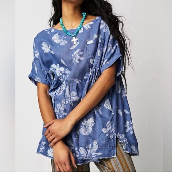 Free People Moon City Blue/White Floral Print Linen Blend Oversize Babydoll Top - Picture 2 of 12